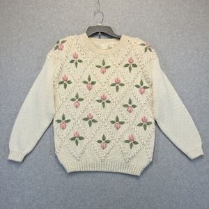 Needles & Yarn Floral Knit Sweater Medium Cream Vintage Style